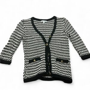 CAbi Black and White Knit Cardigan Sweater Size Small Gold accents 100% Cotton